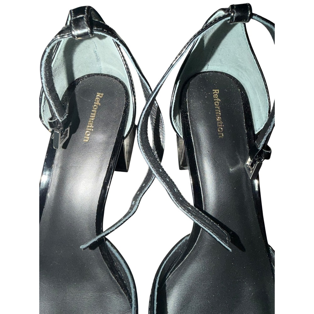 Reformation Black Almond Toe Block Heels Sz 8.5 Minimalist Gothic Office Chic - Picture 5 of 7